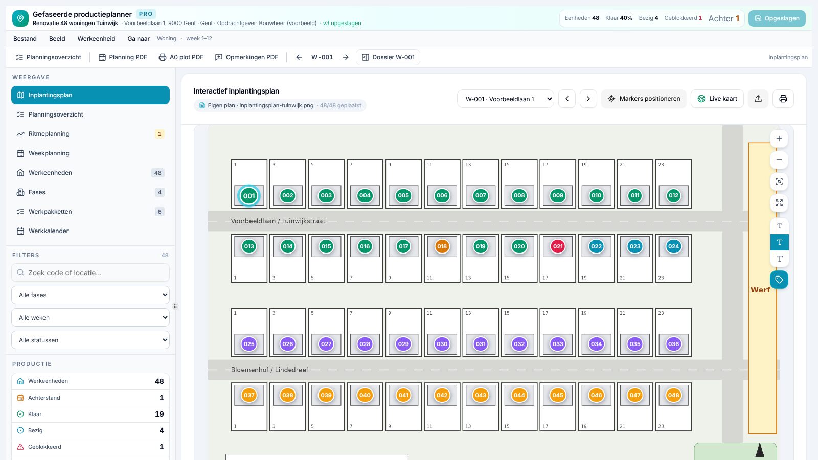 Optimum-productieplanner: eigen inplantingsplan met 48 genummerde woningmarkers gekleurd volgens status